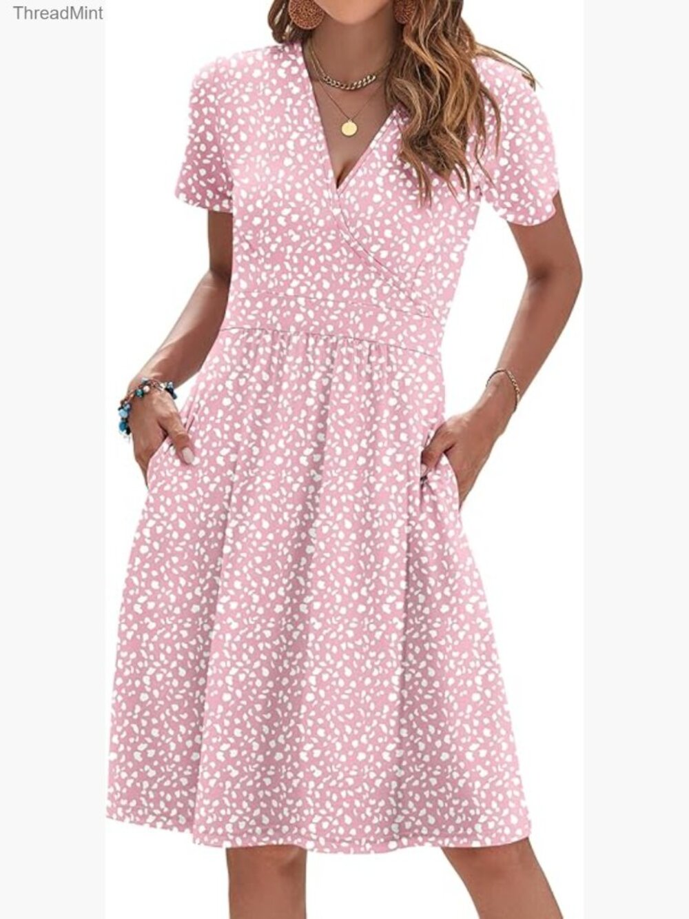 Women's Short Sleeve V Neck Floral A-Line Sundress with Pockets